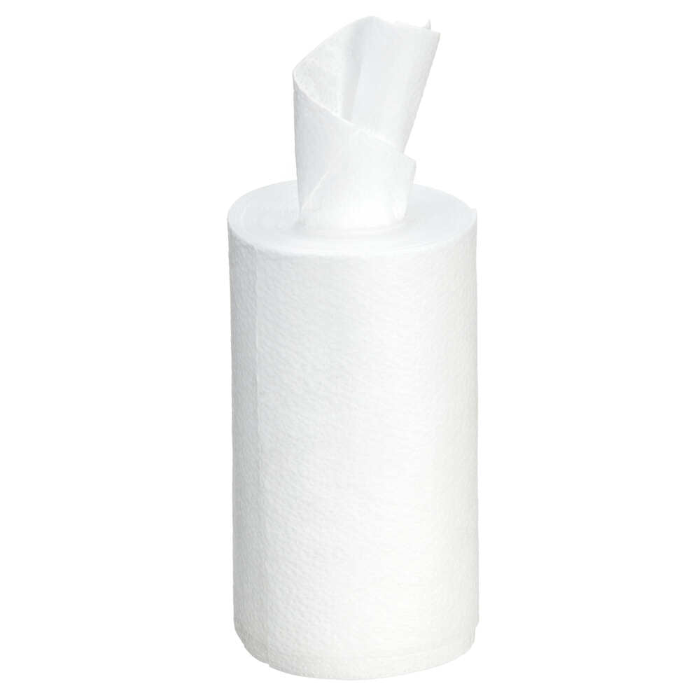 A small roll of Kimtech® Wettask™ DS Wipes (Kimberly-Clark GmbH, 12 rolls x 55 sheets) with a pulled-out sheet - practical white cleaning wipes in a box, perfect for versatile daily use.