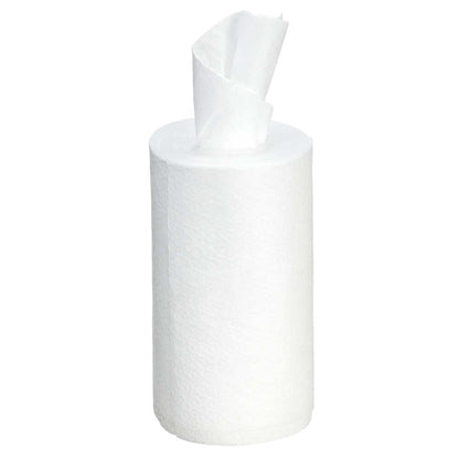 A small roll of Kimtech® Wettask™ DS Wipes (Kimberly-Clark GmbH, 12 rolls x 55 sheets) with a pulled-out sheet - practical white cleaning wipes in a box, perfect for versatile daily use.