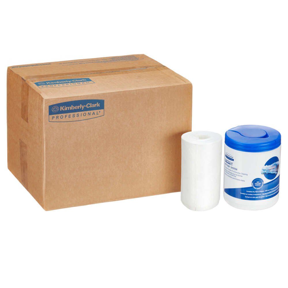 A brown box with the inscription "Kimberly-Clark GmbH" stands next to a roll of Kimtech® Wettask™ DS Wipes small rolls, 12 refill packs of 55 sheets per box - ideal for versatile cleaning wipes.