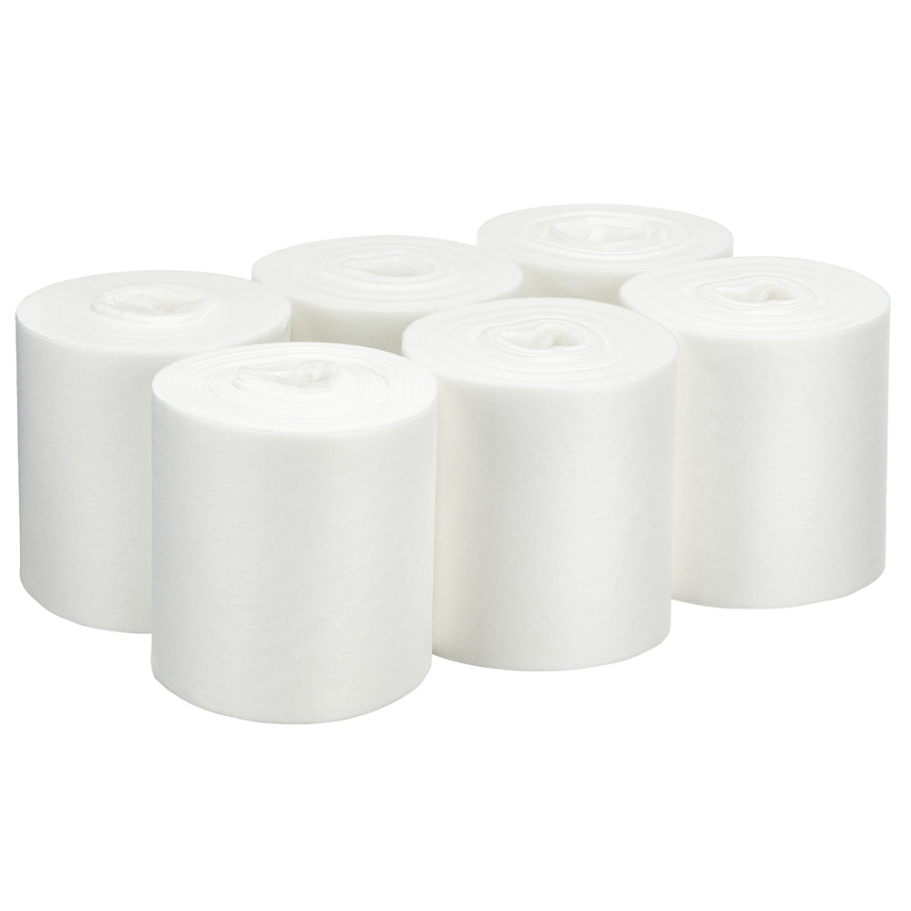 Six white WypAll® Wettask™ PowerClean rolls from Kimberly-Clark GmbH (6 refill packs x 120 sheets) are neatly arranged on a solid background, each roll is ready for use with your preferred cleaning solution.