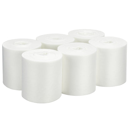 Six white WypAll® Wettask™ PowerClean rolls from Kimberly-Clark GmbH (6 refill packs x 120 sheets) are neatly arranged on a solid background, each roll is ready for use with your preferred cleaning solution.
