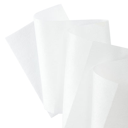 Three sheets of the white, textured WypAll® Wettask™ PowerClean nonwoven fabric from Kimberly-Clark GmbH are layered in curved layers against a solid white background. The product is delivered on 6 rolls with 120 sheets per refill pack, packaged in a box.
