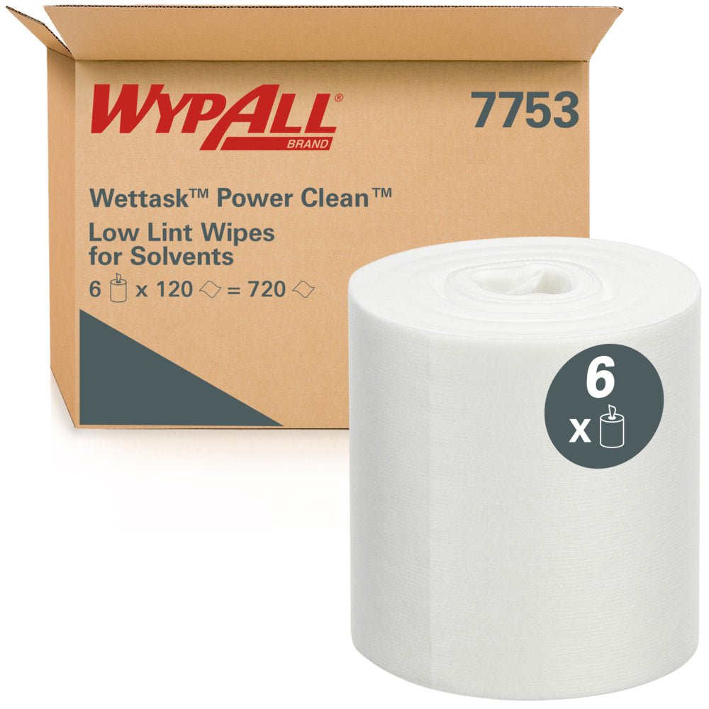 A large white roll of WypAll® Wettask™ PowerClean cleaning cloths from Kimberly-Clark GmbH is depicted in front of a branded box containing 6 rolls with 120 sheets each, totaling 720 cloths for use with your chosen cleaning solution.