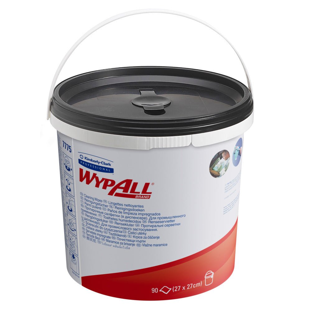 A green WypAll® wipe dispenser bucket from Kimberly-Clark GmbH contains 90 nonwoven cloths; sold as 6 buckets x 90 cloths per carton.