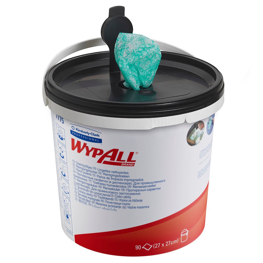 A white-red Kimberly-Clark GmbH WypAll® wipe container with a black lid dispenses a green nonwoven cloth. The 6-dispenser bucket box contains 6 buckets; each bucket holds 90 green cleaning cloths (90 sheets per bucket).
