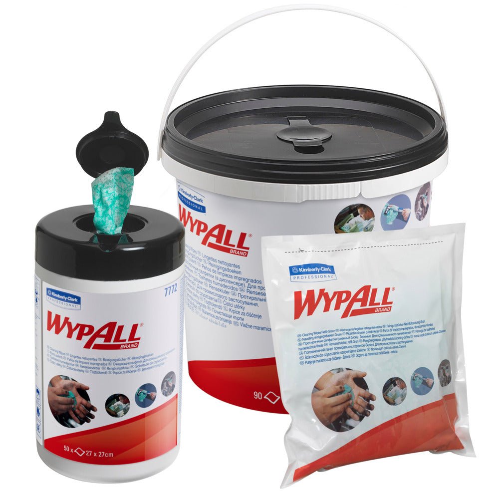WypAll® wipes - Green from Kimberly-Clark GmbH are available in three containers: a pop-up canister, a large bucket with a handle, and a refill bag - each with the logo and images of hands being cleaned with these soft nonwoven cloths.