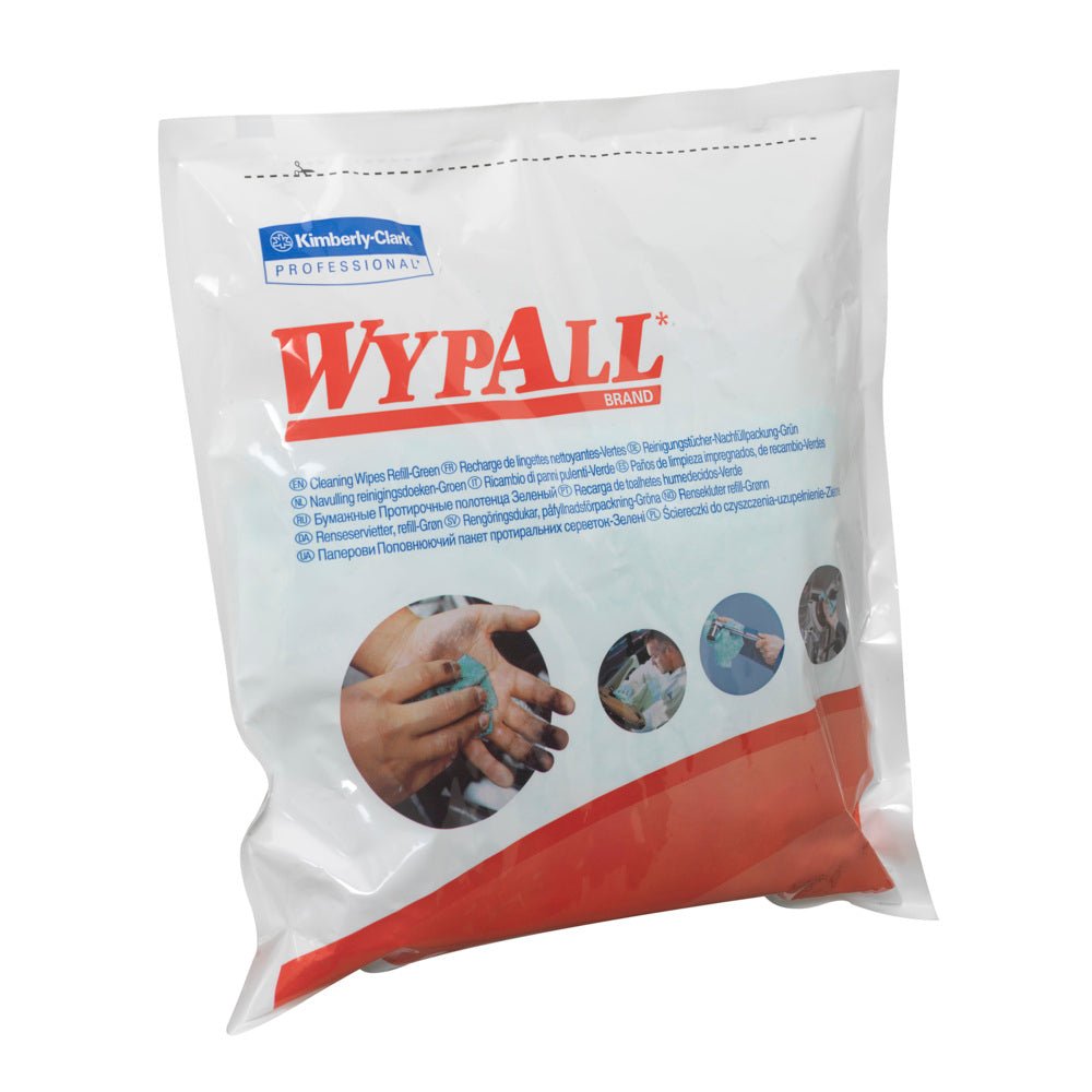 A sealed pack of WypAll® Wipes - Green (6 x 75 sheets) from Kimberly-Clark GmbH, featuring images of hand cleaning and multilingual text, ideal for industrial cleaning or as green wipes in various environments.