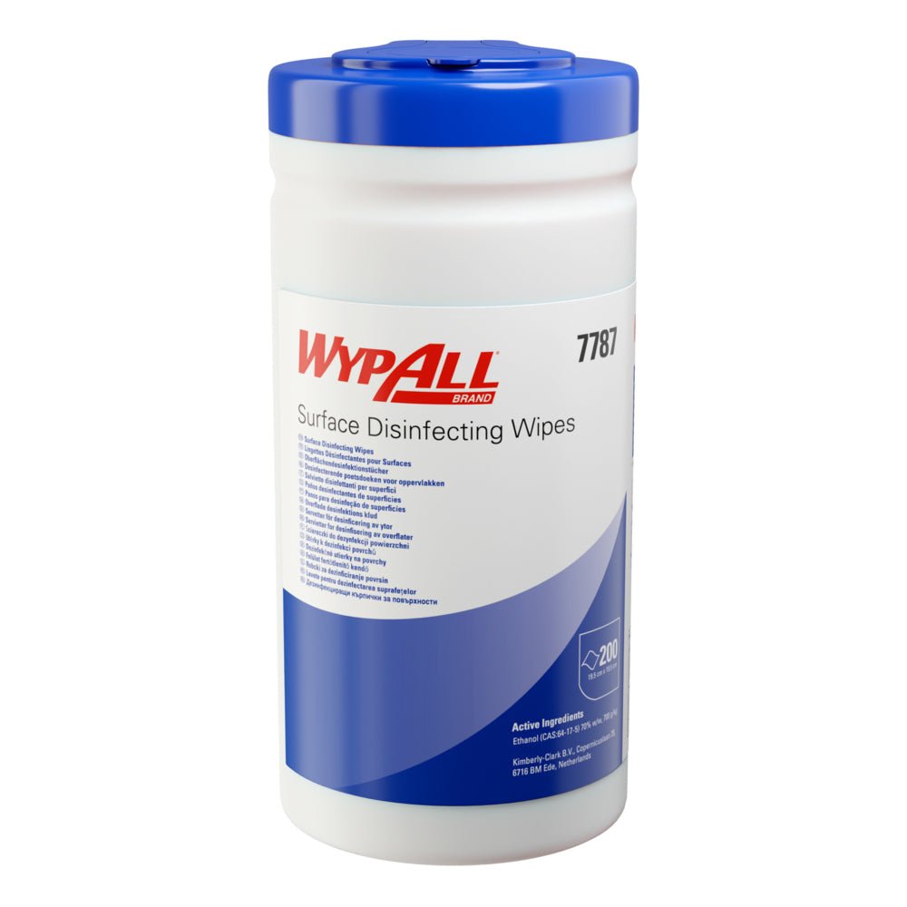 A white, cylindrical Kimberly-Clark GmbH WypAll® surface disinfection wipe dispenser bucket holds 200 wipes per bucket and is equipped with product information and usage instructions. Sold as 10 buckets x 200 sheets in a carton for efficient surface cleaning.
