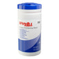 A white, cylindrical Kimberly-Clark GmbH WypAll® surface disinfection wipe dispenser bucket holds 200 wipes per bucket and is equipped with product information and usage instructions. Sold as 10 buckets x 200 sheets in a carton for efficient surface cleaning.