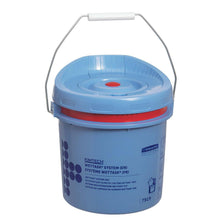 A blue plastic Kimtech® Wettask™ roll wiper dispenser bucket from Kimberly-Clark GmbH, with a metal handle and blue lid, printed label, and graphic on the side. Delivered as 4 dispenser buckets per carton.