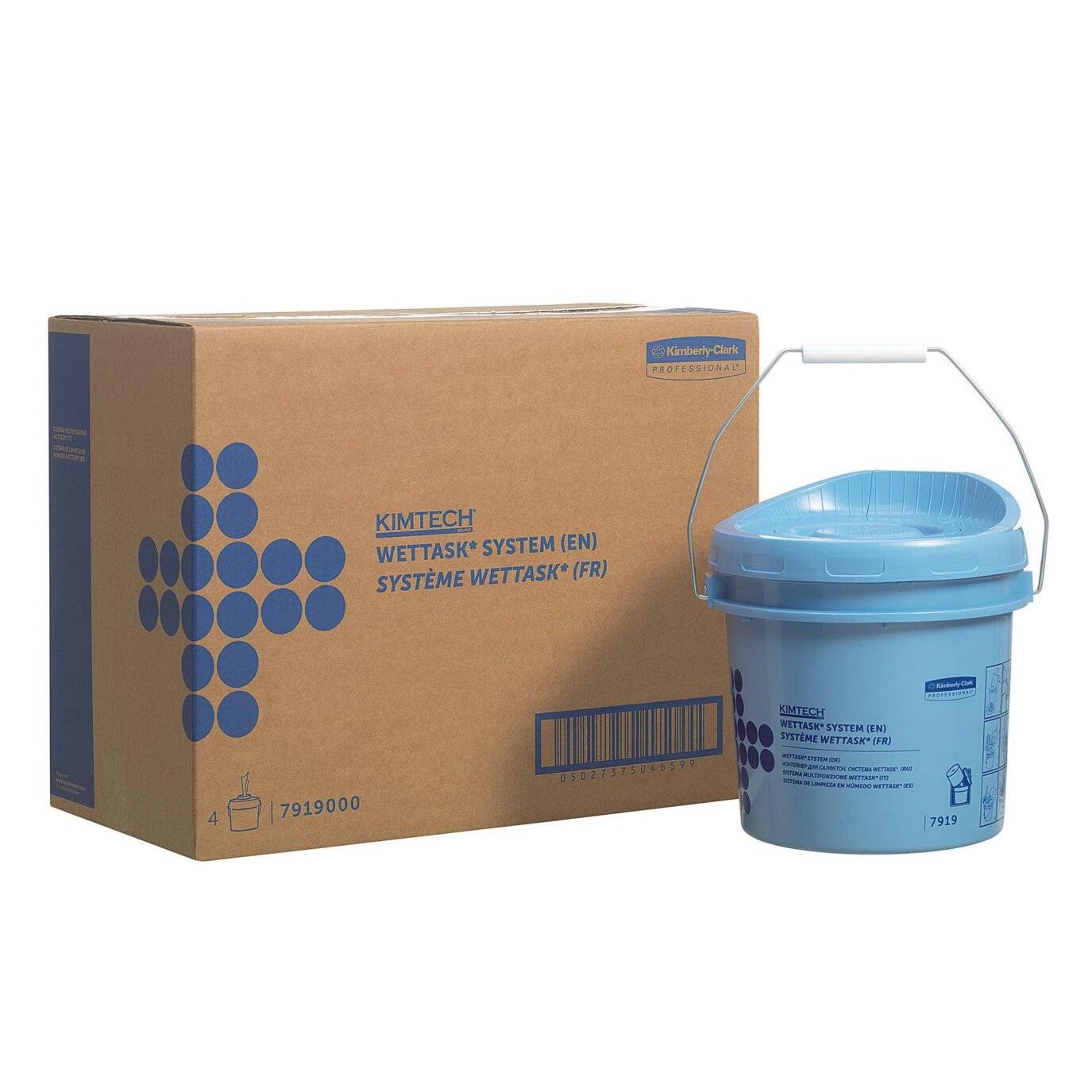 A blue Kimtech® Wettask™ roll wiper dispenser bucket and a brown carton, both from Kimberly-Clark GmbH, are depicted with product information and blue graphics - ideal for wiper dispenser solutions. Each carton contains 4 blue dispenser buckets.