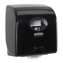 The Aquarius™ Slimroll™ roll towel dispenser in black from Kimberly-Clark GmbH features hygienic towel dispensing, a transparent viewing window, a "PUSH" button on the bottom, and instruction symbols on the front.