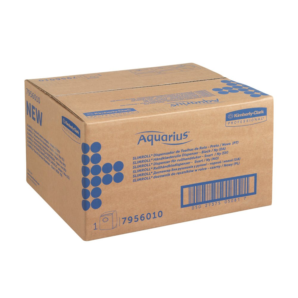 A brown carton labeled "Aquarius™ Slimroll™ roll towel dispenser - Black /NEW" with blue Kimberly-Clark GmbH branding and barcode; ideal for hygienic towel dispensing with 1 dispenser per carton.