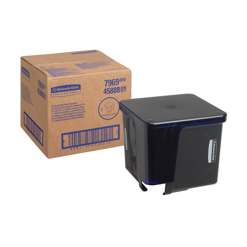 A box labeled "Kimberly-Clark GmbH" and a gray Kimberly-Clark Professional™ wipe dispenser - quarter-folded are depicted side by side against a white background.