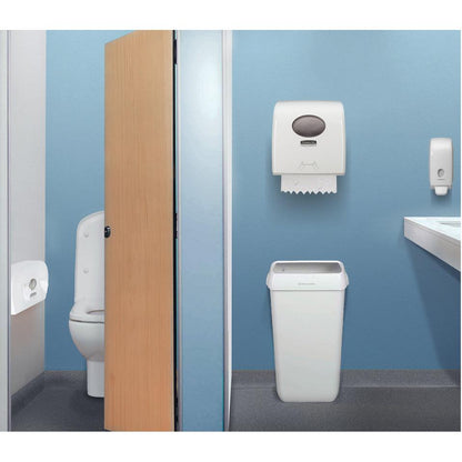 A public toilet with a toilet cubicle, blue wall, trash can, paper towel dispenser with Hostess™ NATURA Toilet Paper (Single Sheet System) from Kimberly-Clark GmbH, soap dispenser, sink, and mirror.