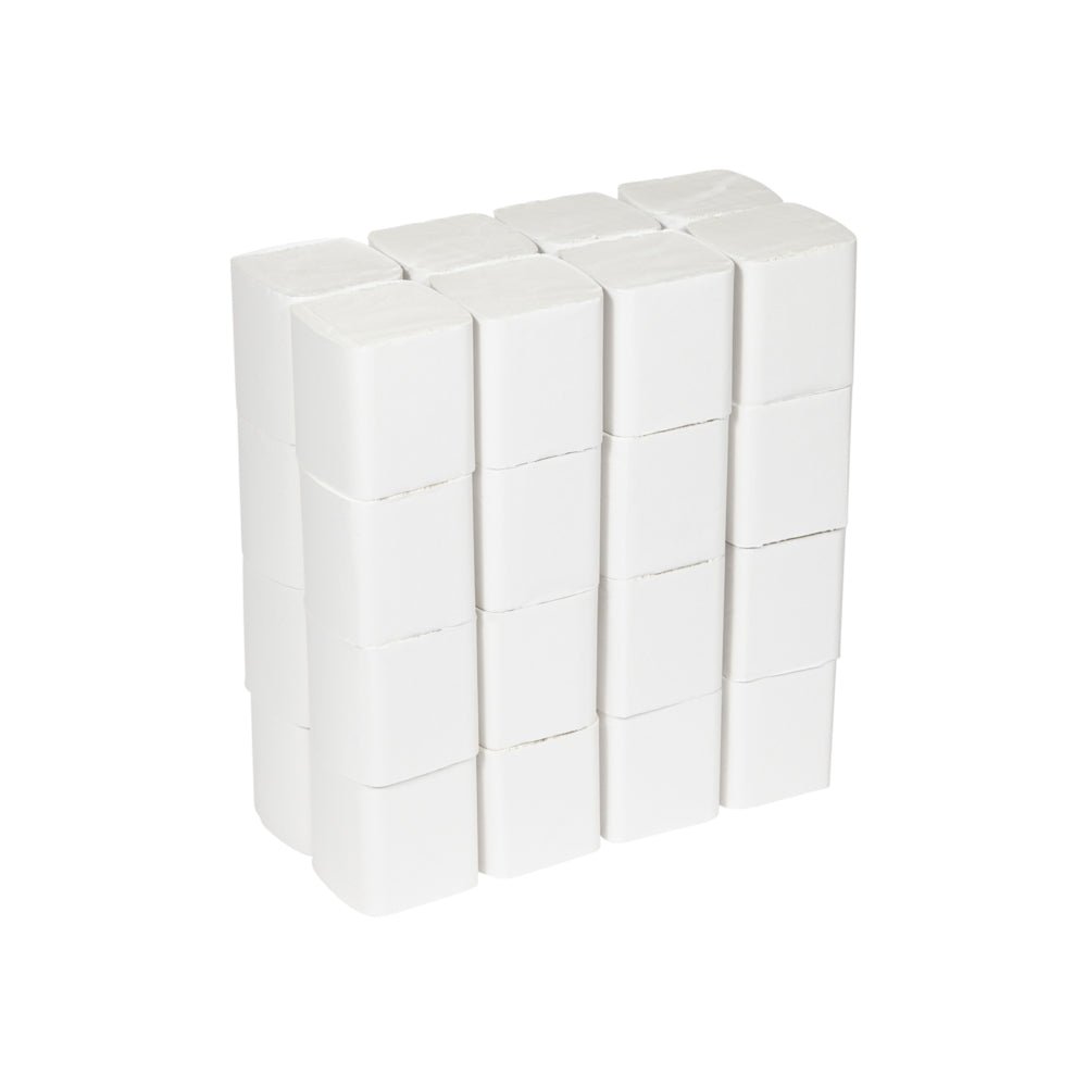 A stack of white, rectangular erasers, neatly arranged in four rows and five columns like the organized single sheet system of Hostess™ NATURA Toilet Paper from Kimberly-Clark GmbH, against a plain white background.