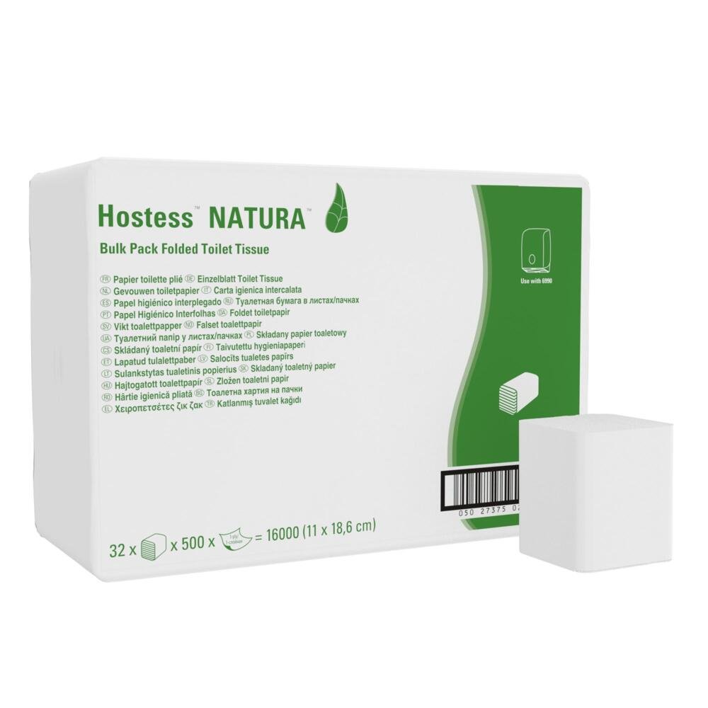 A white package with the inscription "Hostess™ NATURA Toilet Paper - Single Sheet System / White / 500" from Kimberly-Clark GmbH shows product information, a green section, an image of folded tissues, and a barcode. In front sits an eco-friendly toilet paper.