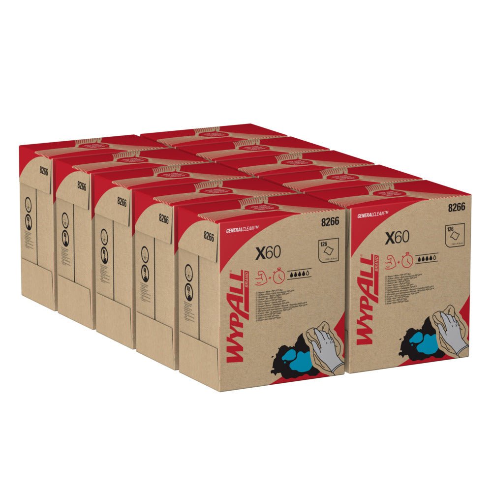 A set of ten white WypAll® X60 General Clean pop-up boxes (126 sheets each) from Kimberly-Clark GmbH is neatly arranged, with each carton containing product details and illustrations.