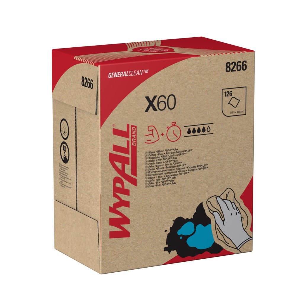 The WypAll® X60 General Clean pop-up box from Kimberly-Clark GmbH (8266) contains 126 white cloths per box, features red and black branding with a hand cleaning a blue stain, and is ideal for industrial cleaning. Sold as 10 boxes x 126 sheets.