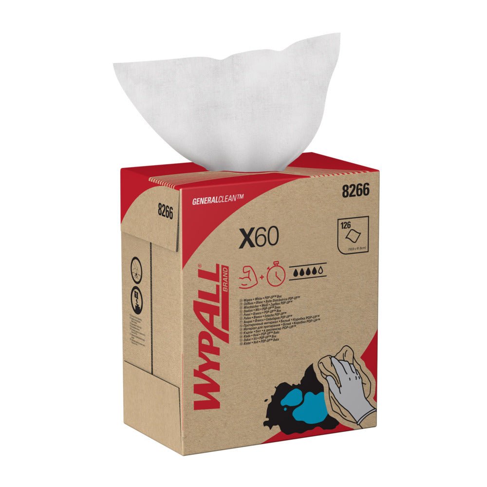 A WypAll® X60 General Clean pop-up box from Kimberly-Clark GmbH (10 cartons x 126 sheets, white) dispenses a sheet from the top. The carton displays branding, product information, and illustrations for cleaning tasks in industry and workshops.