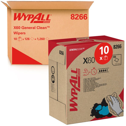 A large brown shipping carton contains 10 WypAll® X60 General Clean pop-up boxes (white, 126 sheets each) from Kimberly-Clark GmbH, with each box featuring brand, product details, and cleaning cloth illustrations.
