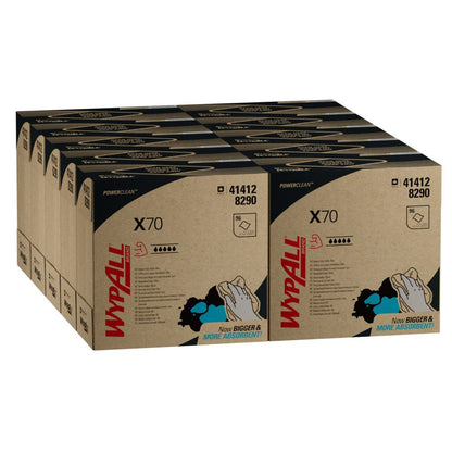A stack of Kimberly-Clark GmbH WypAll® X70 PowerClean - Grab Box / Blue boxes (10 x 100 sheets per box), labeled as professional cleaning cloths, with red and blue accents and product information on the panels, arranged in three rows.