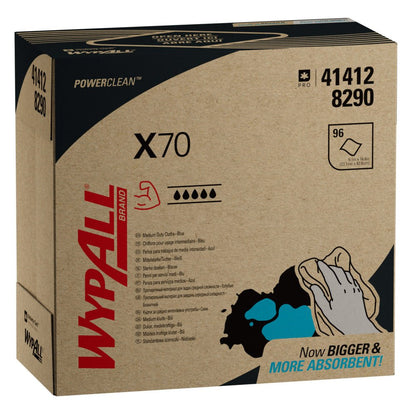A box from Kimberly-Clark GmbH WypAll® X70 PowerClean Grab Box/Blue (10 boxes x 100 sheets) shows product info, a blue-black hand wipe illustration, and the text "Now BIGGER & MORE ABSORBENT!" for professional cleaning.