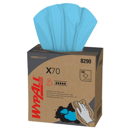 A box labeled "WypAll® X70 PowerClean - Grab Box / Blue" from Kimberly-Clark GmbH provides blue cleaning cloths, shows product info and a hand wiping up a spilled liquid - ideal for professional cleaning. Set: 10 x 100 cloths per box.