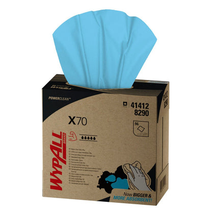 A box with 10 boxes of WypAll® X70 PowerClean Grab Box, blue, each 100 sheets, from Kimberly-Clark GmbH. The box displays branding and details - perfect for professional cleaning requirements.