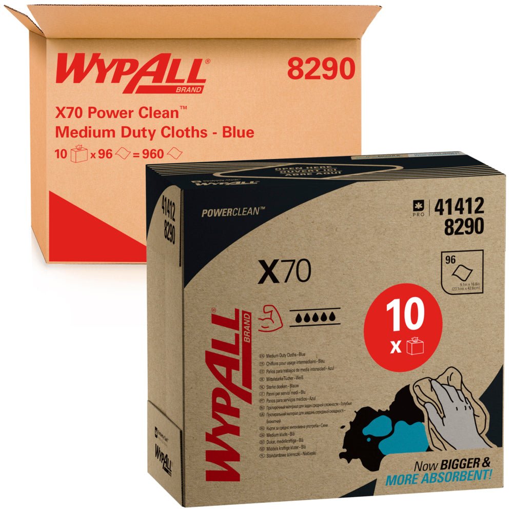 Two WypAll® X70 PowerClean Grab Boxes (Kimberly-Clark GmbH), one open and one closed, clearly display the product name, the quantity of 10 x 100 sheets, and the branding on their blue packaging.