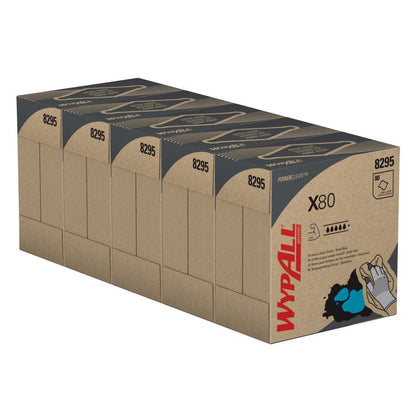 A carton contains 5 boxes of WypAll® X80 PowerClean cleaning cloths (Steel Blue, 80 sheets/box) from Kimberly-Clark GmbH with black, red, and blue product graphics on the packaging.