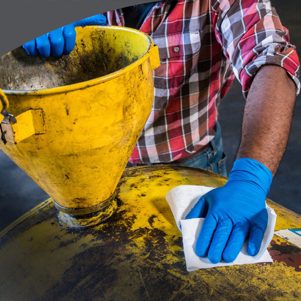 A person with blue gloves and a checkered shirt cleans a worn yellow industrial machine with WypAll® X70 PowerClean towels (BRAG™ Box, 200 sheets, Kimberly-Clark GmbH) ensuring that the large funnel of the machine is thoroughly wiped.