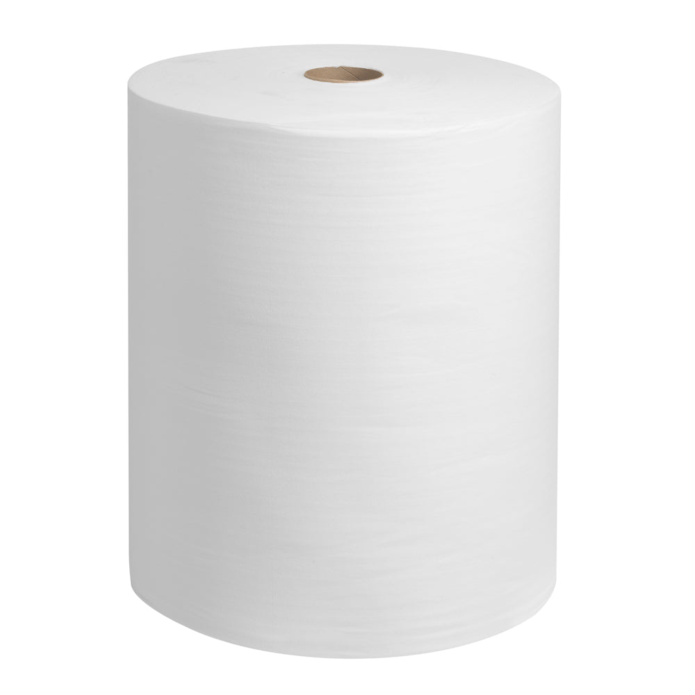 A WypAll® X60 General Clean large roll from Kimberly-Clark GmbH, 1 white roll with 650 sheets, stands upright showing its cylindrical shape and brown cardboard core on a solid background.