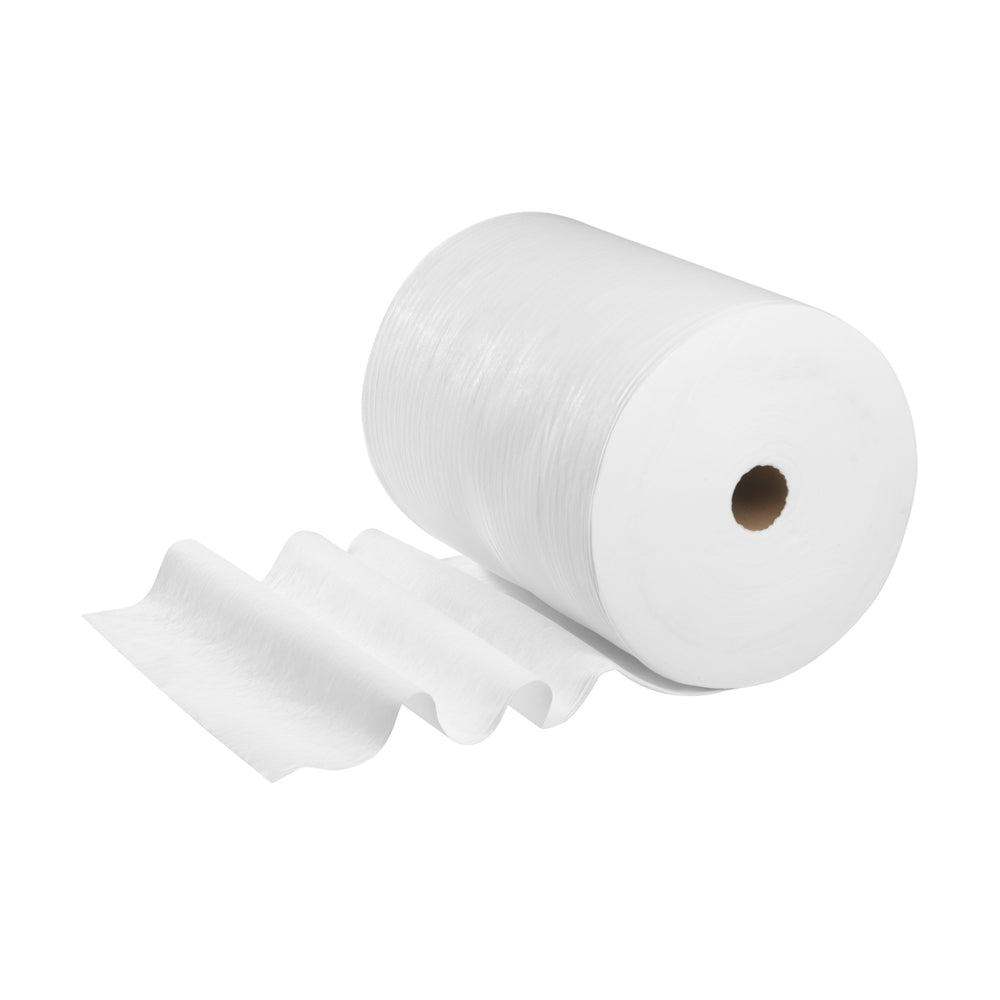 A WypAll® X60 General Clean large roll from Kimberly-Clark GmbH, white, 1 roll with 650 sheets, is shown slightly unrolled on a white background - ideal for cleaning.