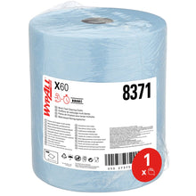 The WypAll® X60 General Clean Large Roll in Blue from Kimberly-Clark GmbH (1 Roll x 500 Sheets) is plastic-wrapped, carries the number 8371, product info and icons - ideal for professional cleaning; label with red circle "1 x".