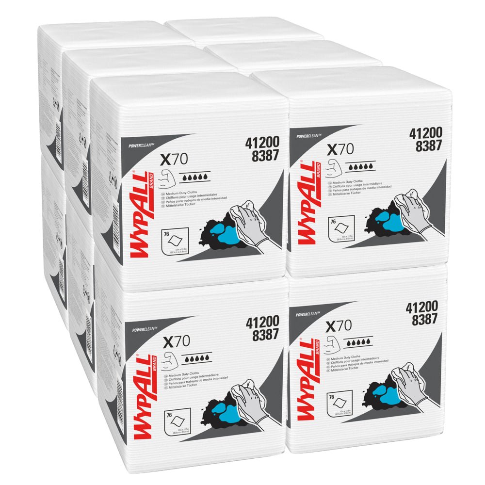 Six stacked packages of WypAll® X70 PowerClean cleaning cloths (quarter-folded, white, 12 bags x 76 cloths) from Kimberly-Clark GmbH with product name, number 412008387, and a hand illustration during use.