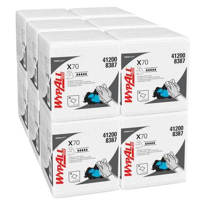 Six stacked packages of WypAll® X70 PowerClean cleaning cloths (quarter-folded, white, 12 bags x 76 cloths) from Kimberly-Clark GmbH with product name, number 412008387, and a hand illustration during use.