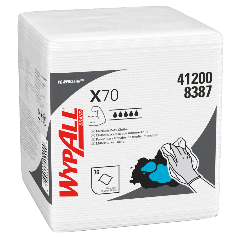 A stack of WypAll® X70 PowerClean cleaning cloths, quarter-folded, from Kimberly-Clark GmbH, in white packaging with black and red print as well as usage instructions and cleaning illustrations.