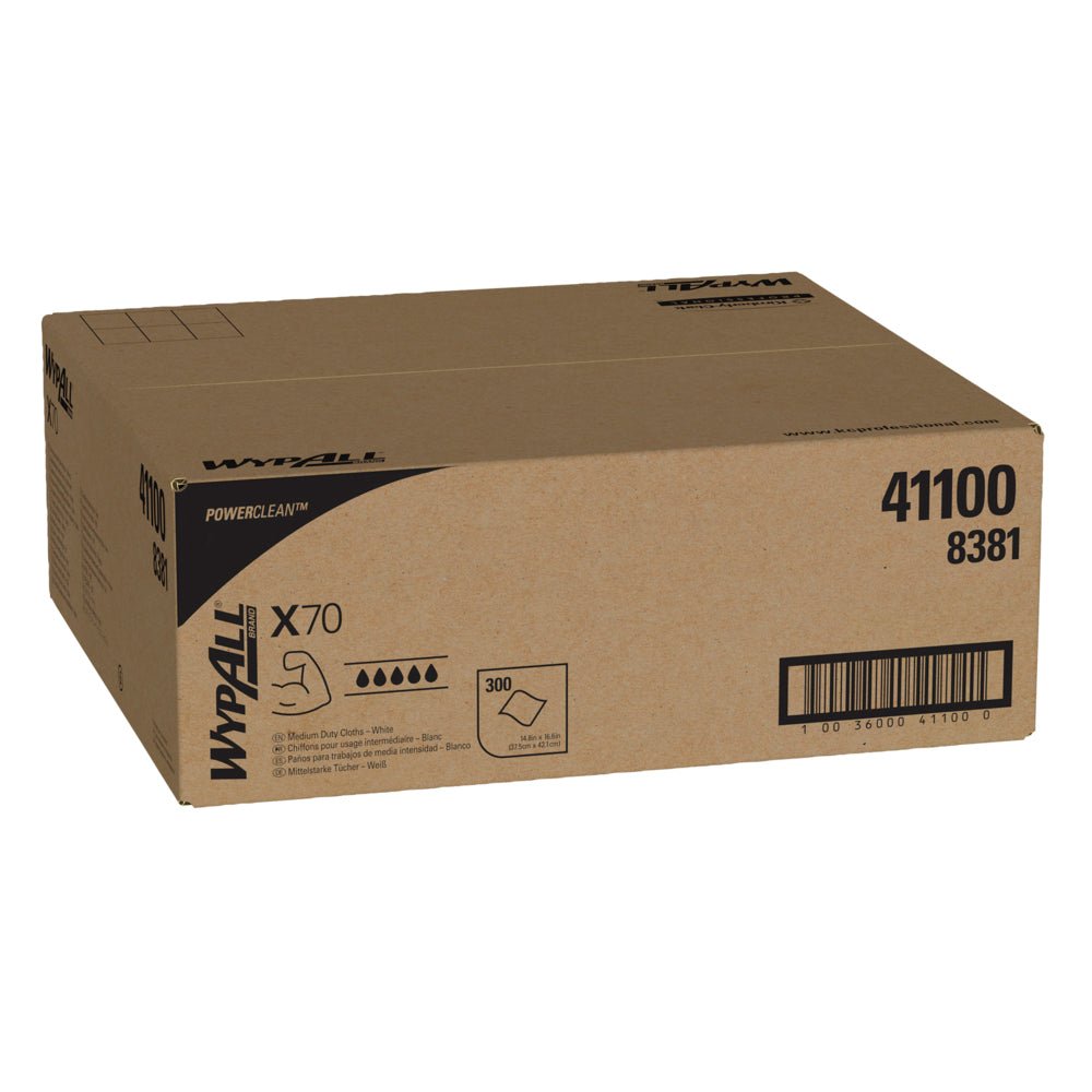 A sealed brown box from Kimberly-Clark GmbH WypAll® X70 PowerClean, White (product numbers 41100, 8381), contains 300 towels - ideal for industrial cleaning. Carton (1 box).