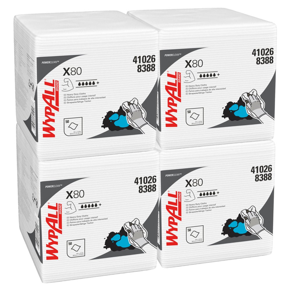 Four bags of WypAll® X80 PowerClean Quarter-Folded White from Kimberly-Clark GmbH (4 x 50 cloths, box) are stacked in two rows. Each pack is labeled with product information - ideal for industrial cleaning.