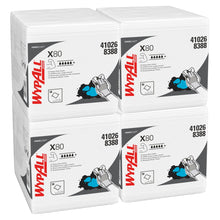 Four bags of WypAll® X80 PowerClean Quarter-Folded White from Kimberly-Clark GmbH (4 x 50 cloths, box) are stacked in two rows. Each pack is labeled with product information - ideal for industrial cleaning.