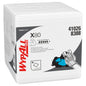 A stack of WypAll® X80 PowerClean white cleaning cloths, quarter-folded in rectangular packs (4x50 sheets), labeled with the branding of Kimberly-Clark GmbH. Ideal for demanding industrial cleaning. Each box contains 4 bags with 50 cloths.