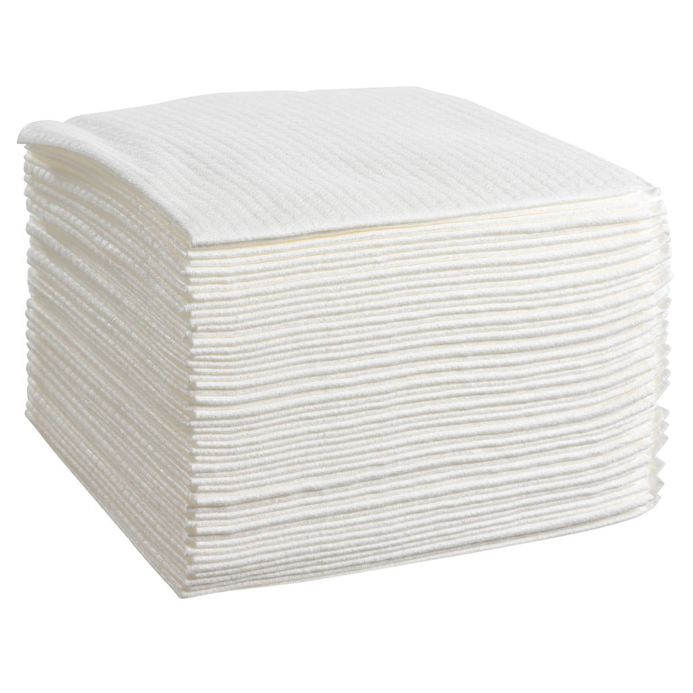 A cube-shaped stack of white, rectangular Kimberly-Clark GmbH WypAll® X80 PowerClean Quarter-Folded cleaning cloths (4 bags x 50 cloths), neatly arranged in front of a plain white background.