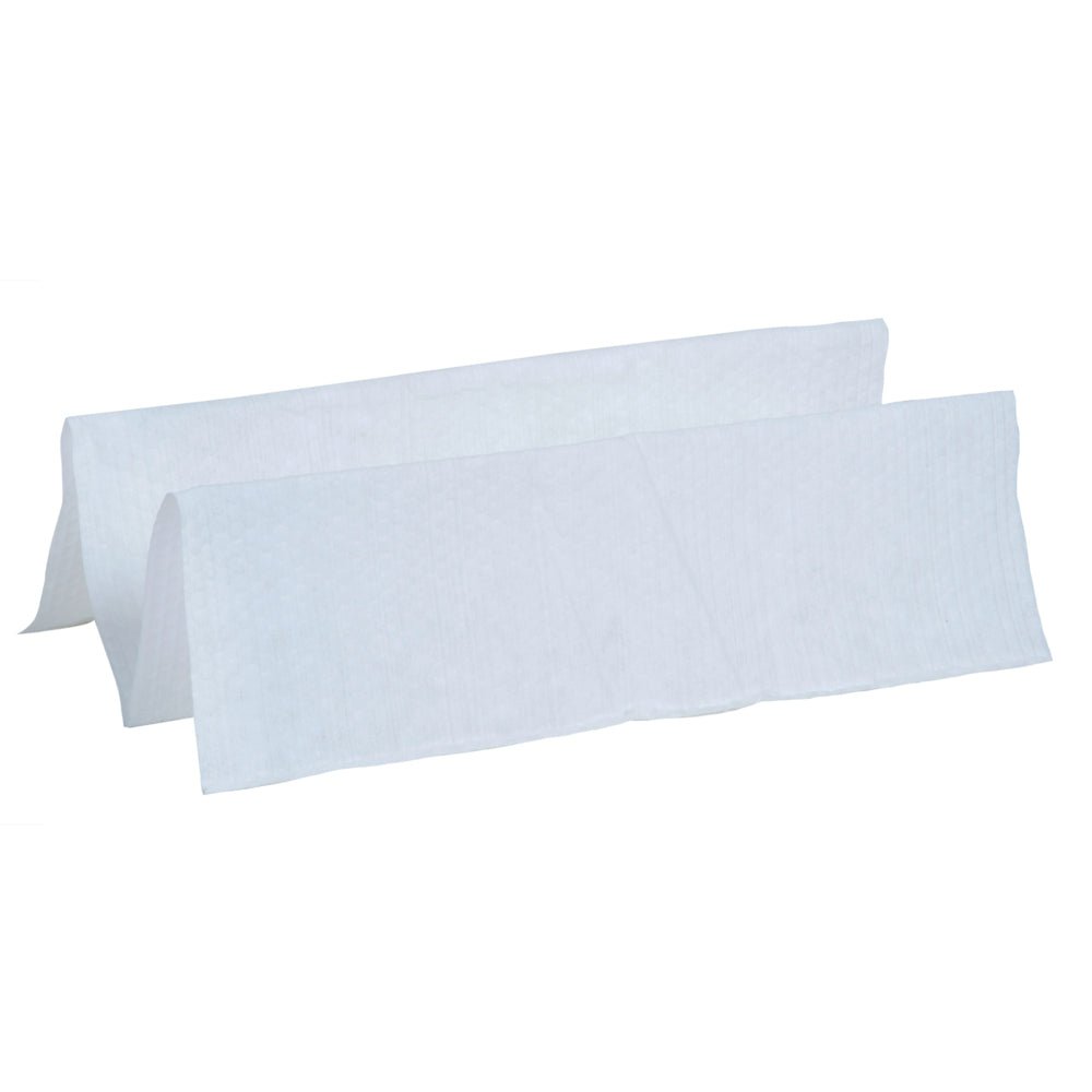 A stack of WypAll® X80 PowerClean cleaning cloths from Kimberly-Clark GmbH, white, quarter-folded (4 bags x 50 cloths), against a white background - ideal for demanding industrial cleaning.
