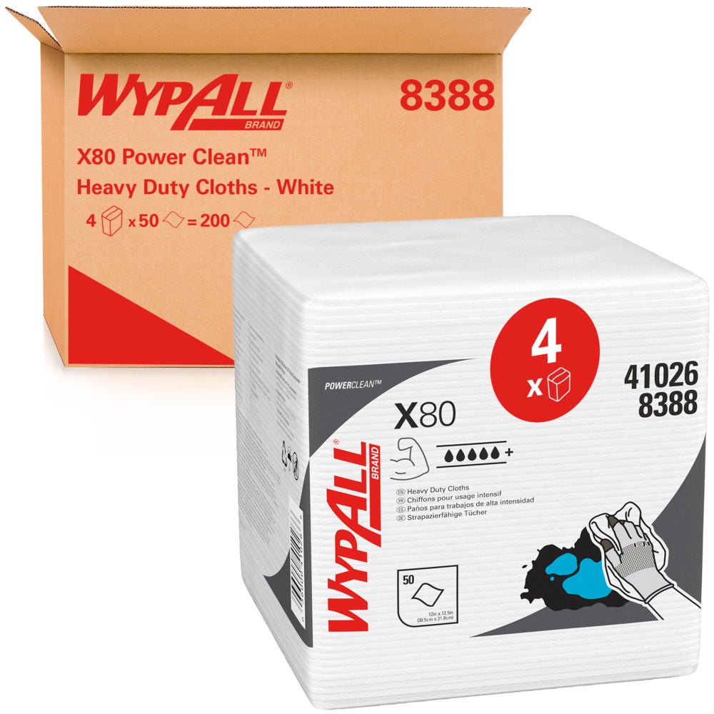 A box labeled "WypAll® X80 PowerClean - Quarter-Folded / White - 4 Bags x 50 Sheets | Carton (4 bags)" from Kimberly-Clark GmbH stands behind a stack of cleaning cloths with application symbols and industrial cleaning graphics on its packaging.