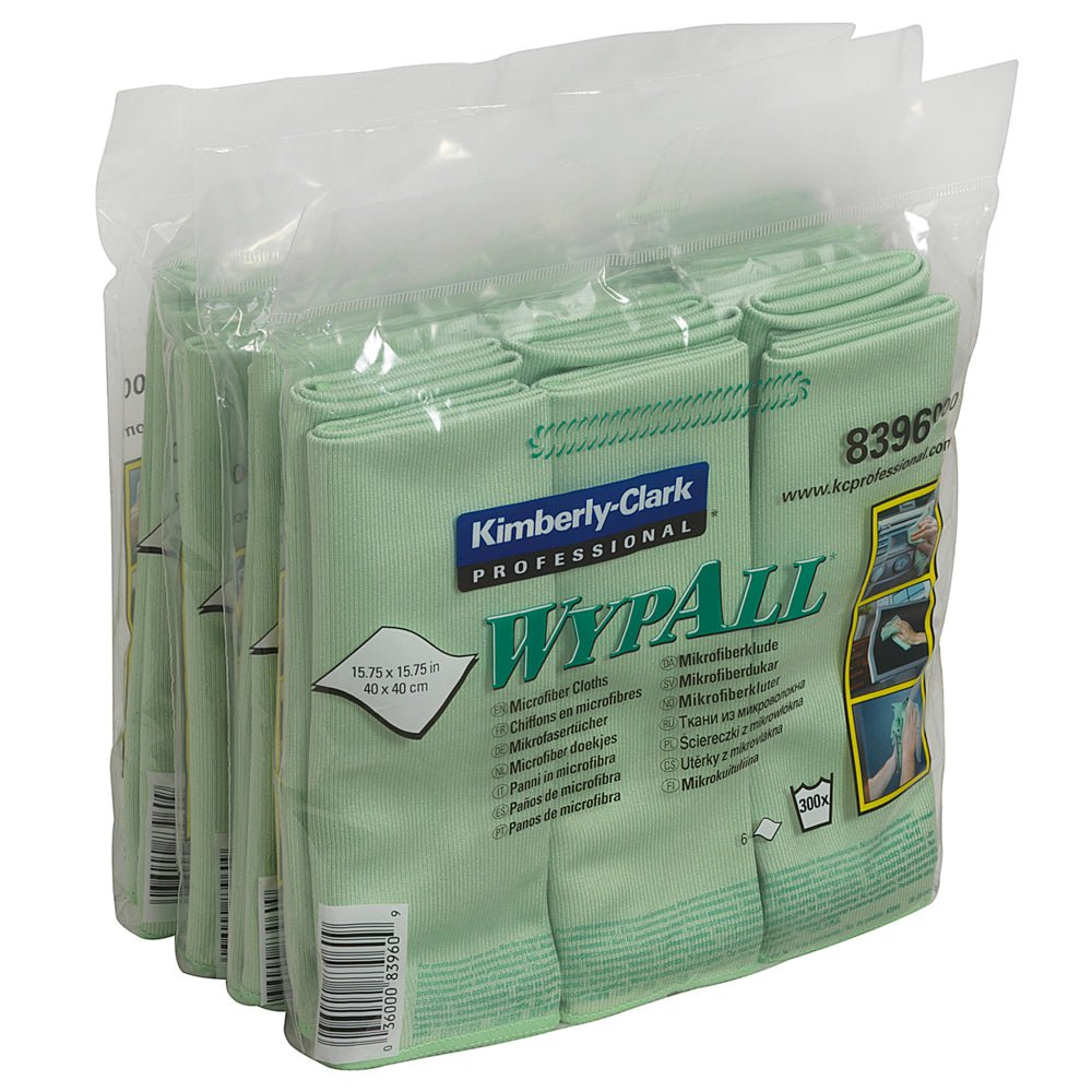 A pack of Kimberly-Clark GmbH WypAll® microfiber cloths - flat cloth, 40 x 40 cm, green, is shrink-wrapped in clear plastic with product details and images on the label.