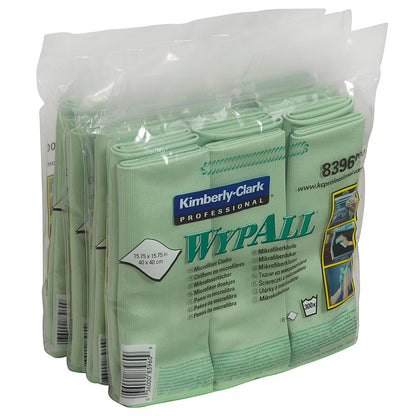 A pack of Kimberly-Clark GmbH WypAll® microfiber cloths - flat cloth, 40 x 40 cm, green, is shrink-wrapped in clear plastic with product details and images on the label.