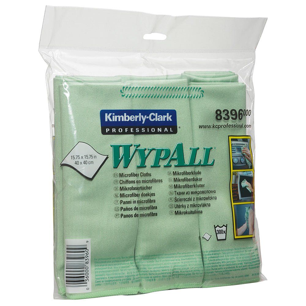 A pack of Kimberly-Clark GmbH WypAll® microfiber cloths - flat cloth (40 x 40 cm) in light green, folded and packed in a transparent plastic bag with product information and cleaning images on the label.