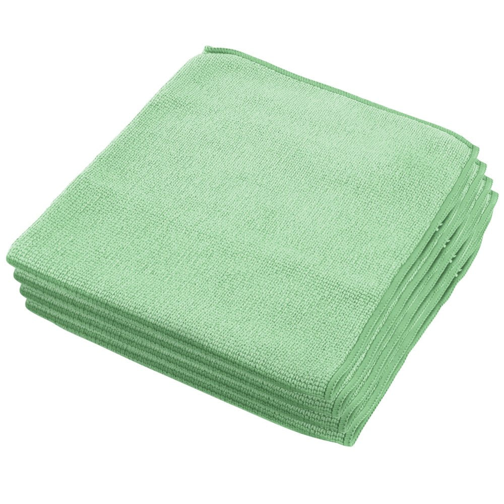 A stack of light green WypAll® microfiber cloths - flat cloth (40 x 40 cm) by Kimberly-Clark GmbH, neatly folded on a white background, highlights their effectiveness for effortless cleaning.