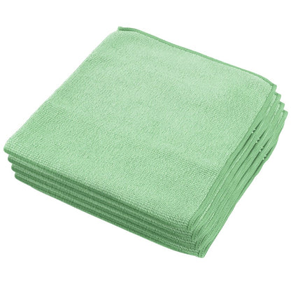 A stack of light green WypAll® microfiber cloths - flat cloth (40 x 40 cm) by Kimberly-Clark GmbH, neatly folded on a white background, highlights their effectiveness for effortless cleaning.